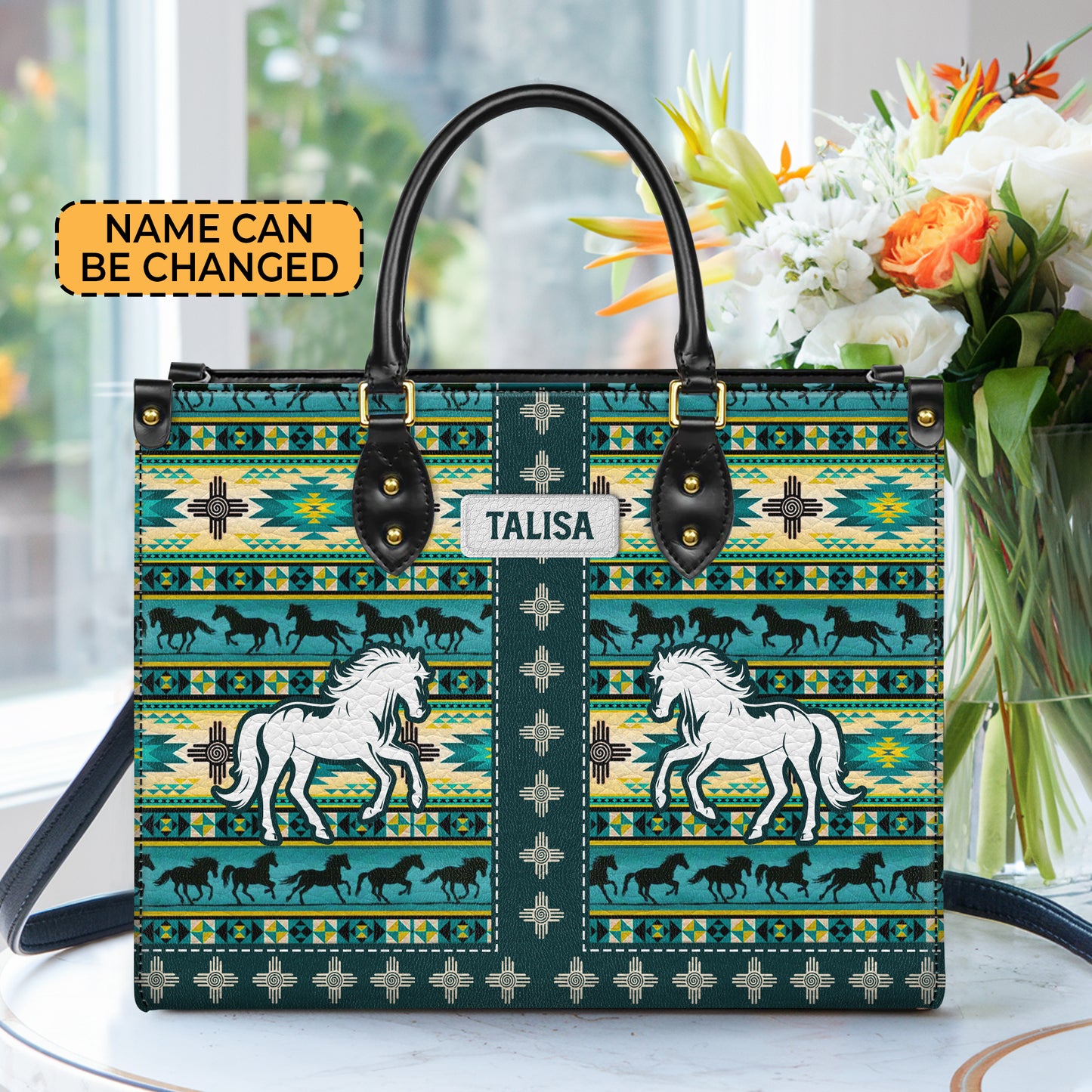 Personalized Leather Handbag for Women - Design Patterns Boho Native Spirit Galloping Horse