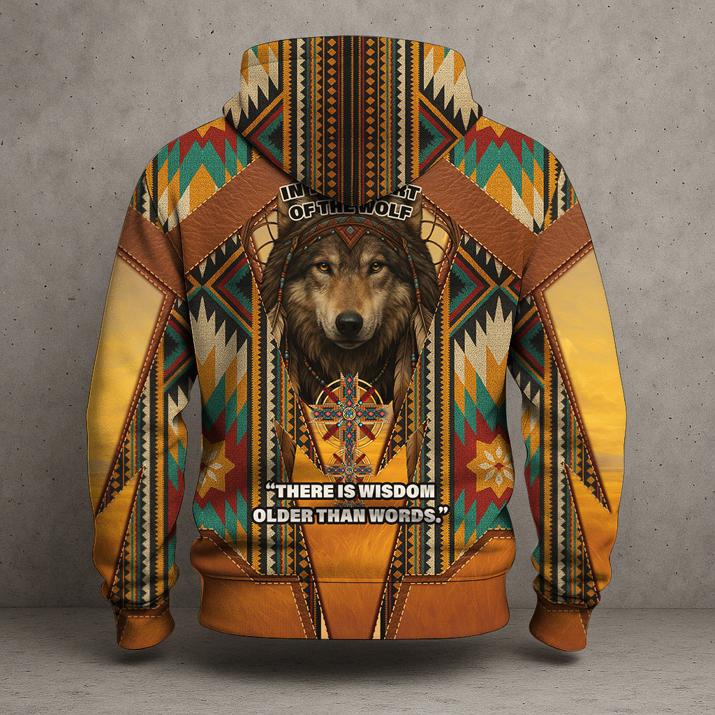 Spirit of the Wolf – Tribal Totem Hoodie in Desert Gold and Turquoise Patterns