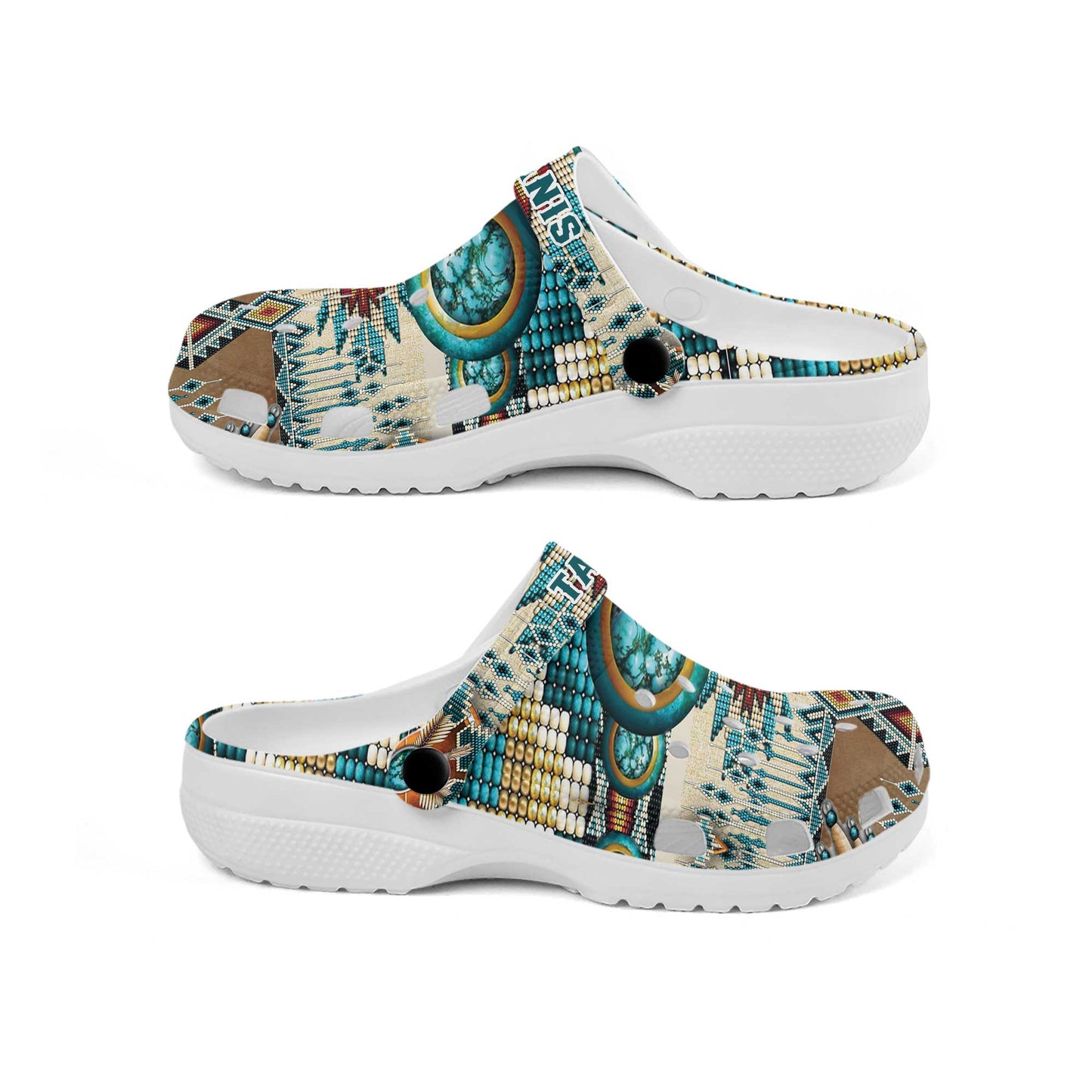 Custom Name Turquoise Tribal Clogs – Native Southwest Style, Unique Family Gift