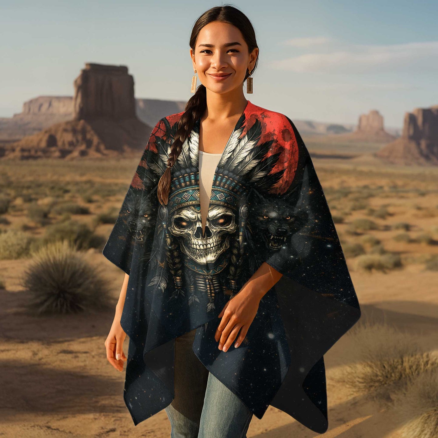 Poncho Boho Warrior – Skeleton Chief and Black Wolves