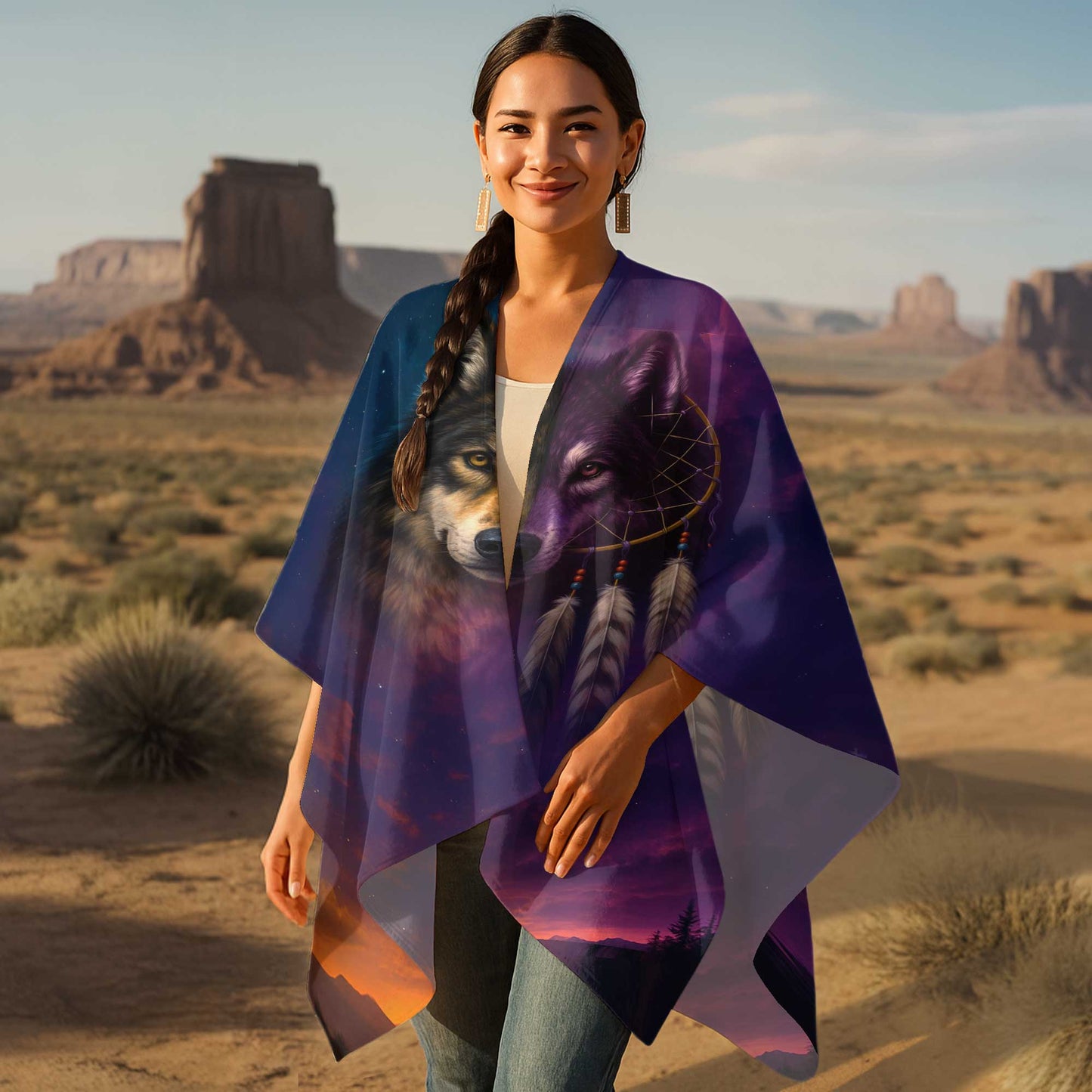 Dreamcatcher Wolf Poncho – Tribal Boho Cloak of Balance