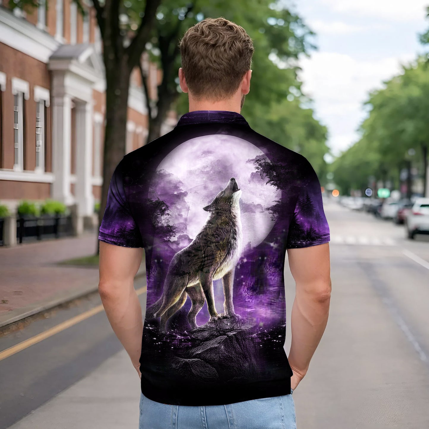Native American Polo Shirt - Wolf Dreamcatcher Purple Tribal Moon Howl Design