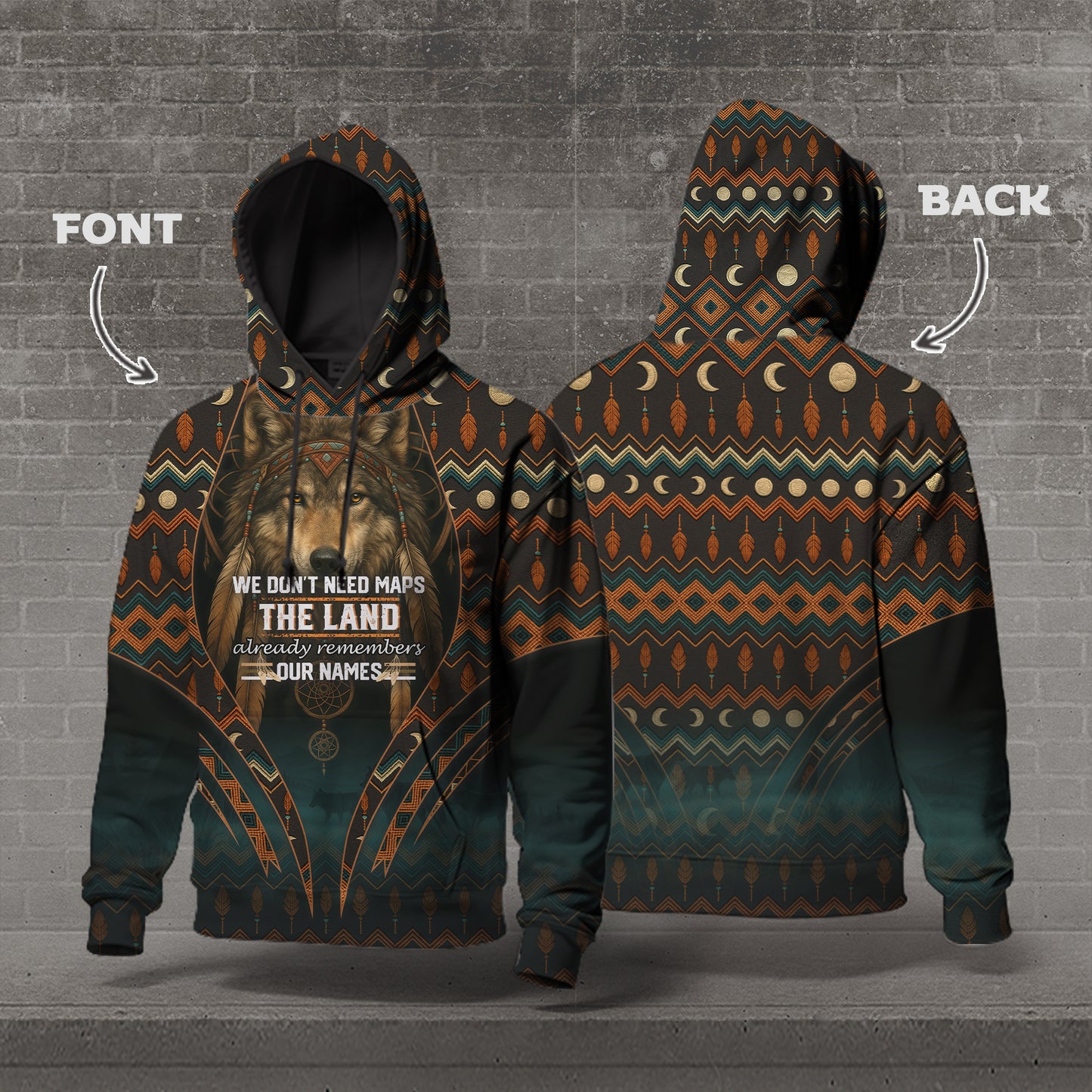 Spirit of the Wolf – Tribal Geometric Design in Dark Green and Copper Tones