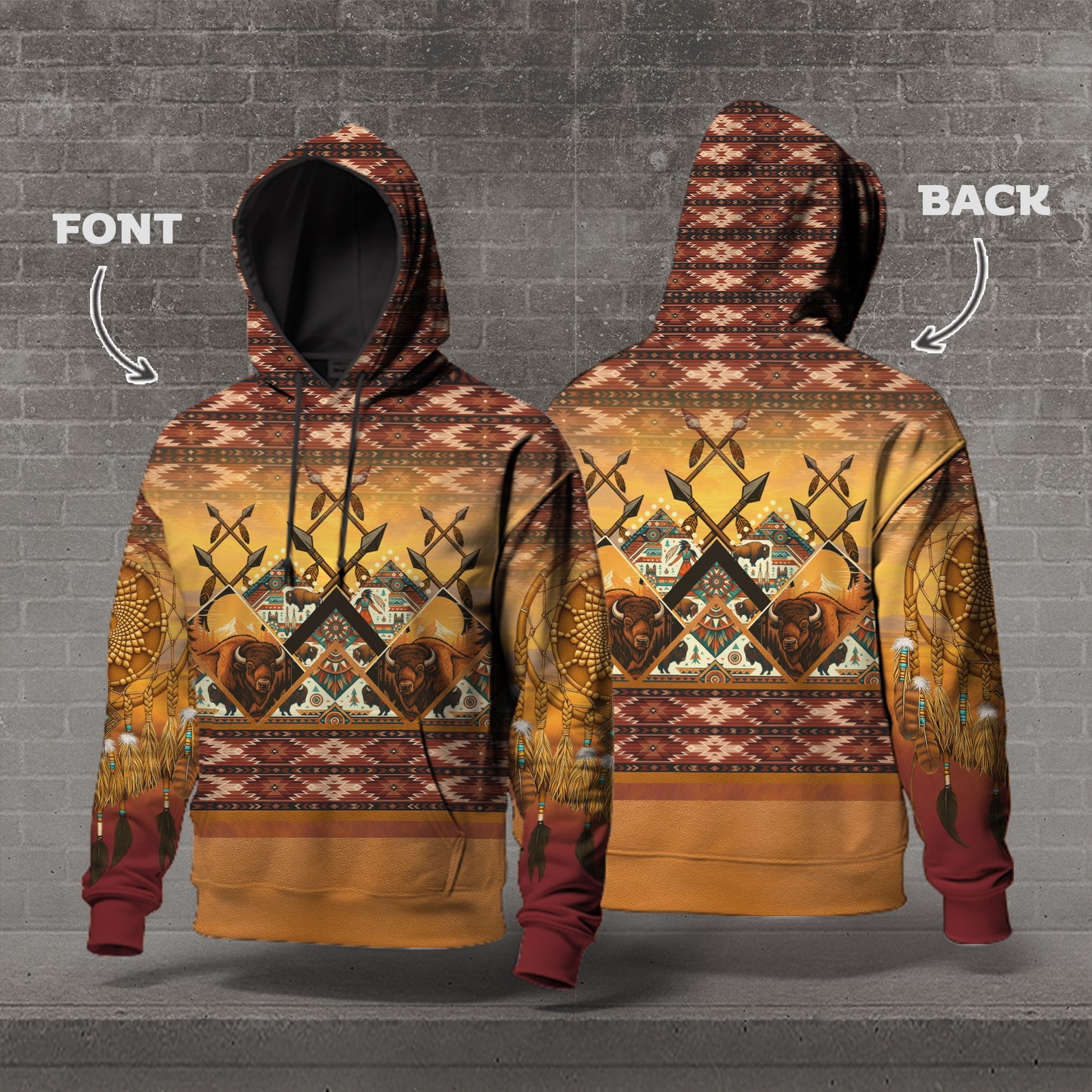 Buffalo Strength – Native Pattern Hoodie with Dreamcatcher & Warrior Symbols”