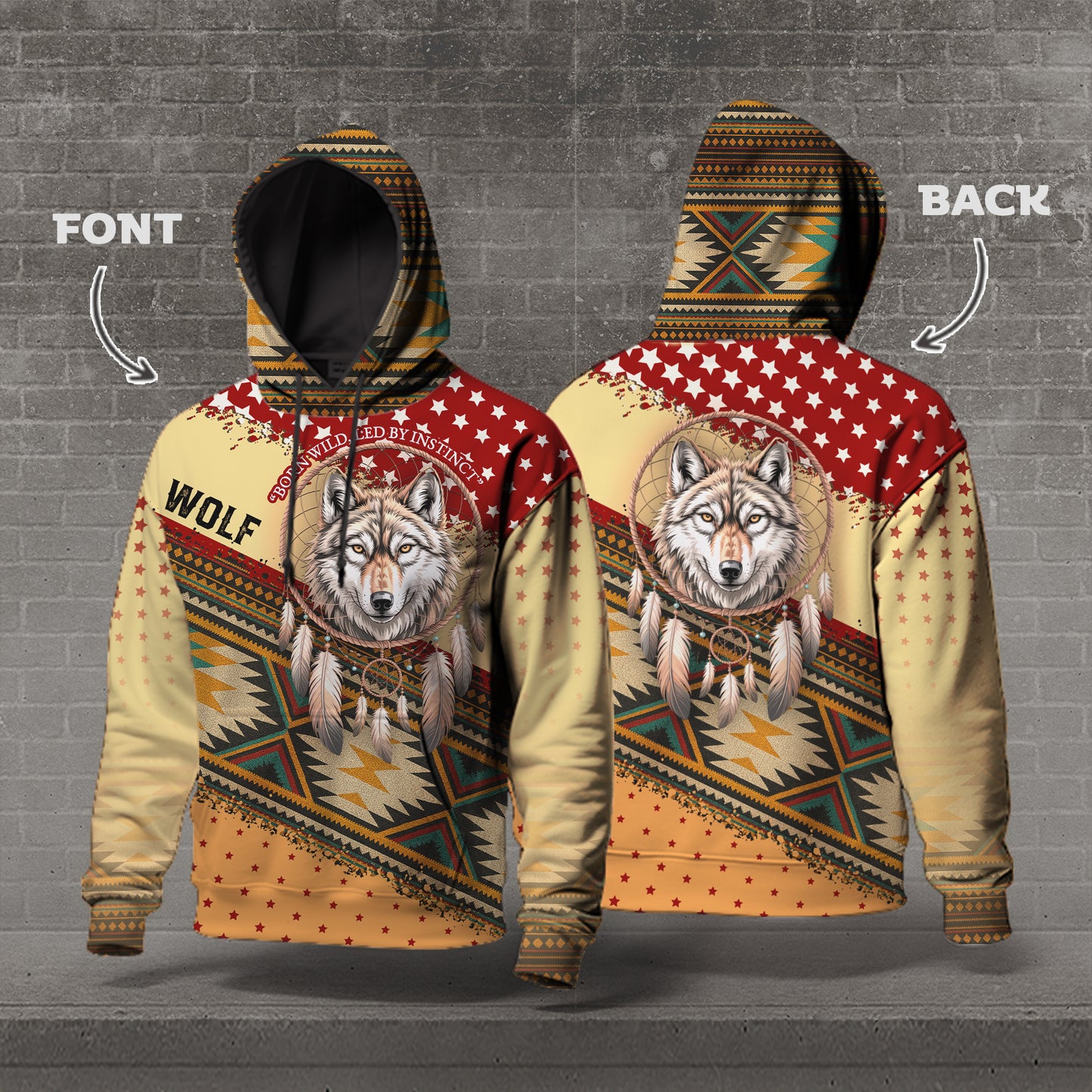 Wild Spirit – Wolf and Dreamcatcher Design in Beige and Deep Red Tribal Pattern