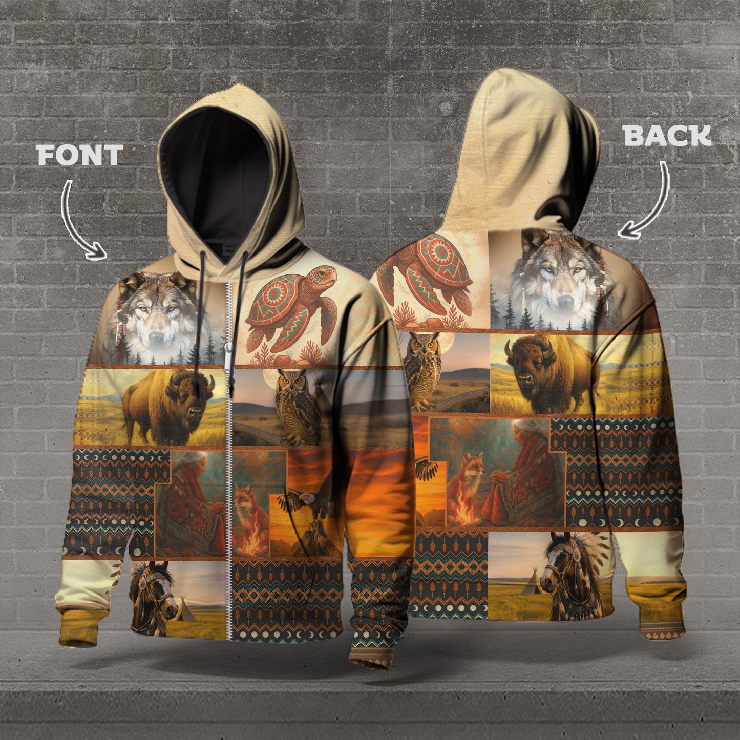 Sacred Creatures – Spirit Animal Totem Hoodie in Copper and Sand Colors