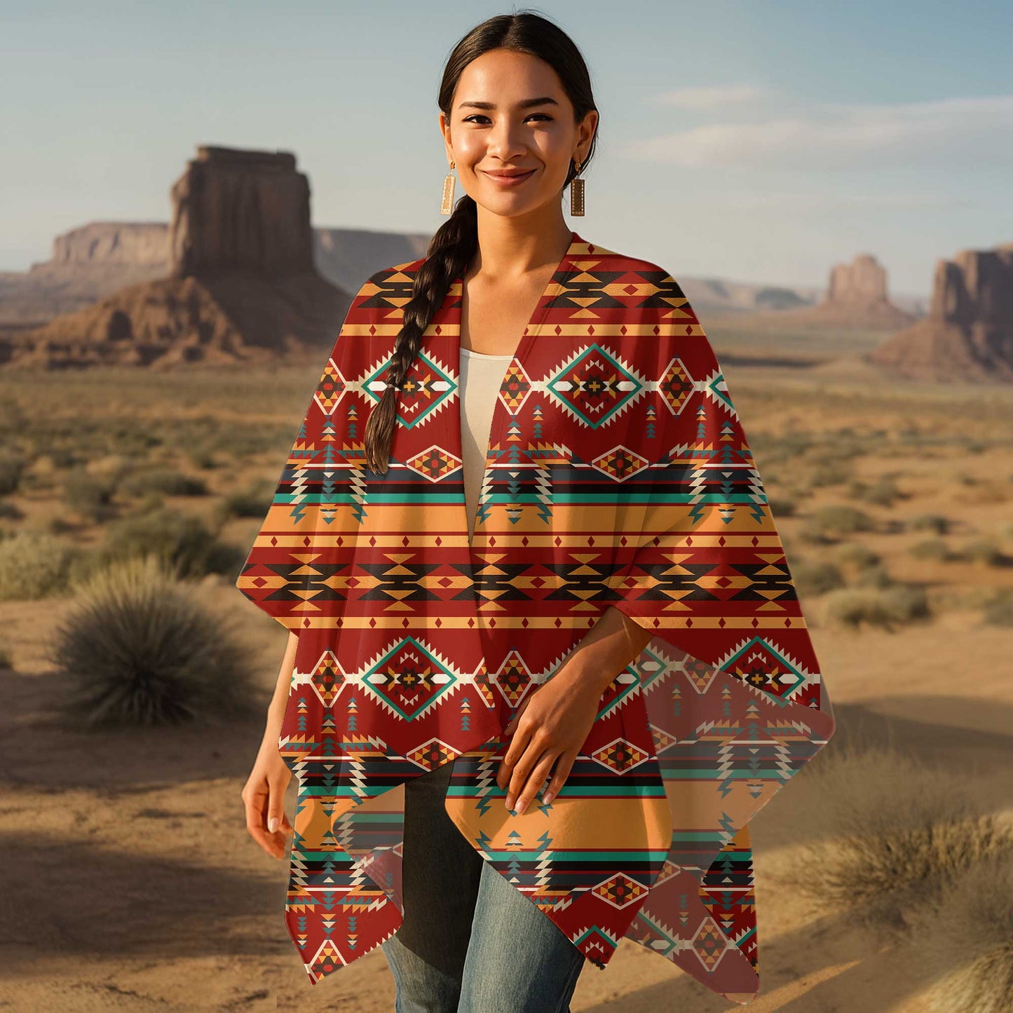 Heritage Spirit Poncho – Red Earth & Turquoise Tribal Geometric Wrap