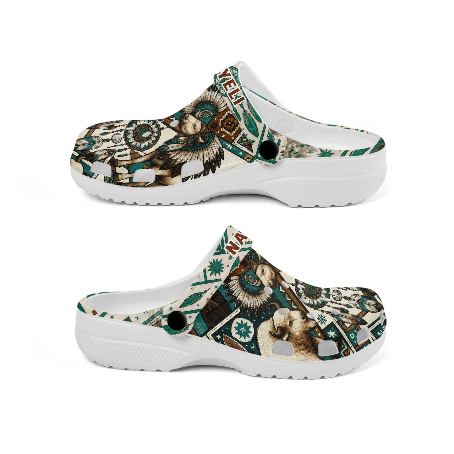 Custom Name Native Buffalo Spirit Clogs – Dreamcatcher & Tribal Feathers Design