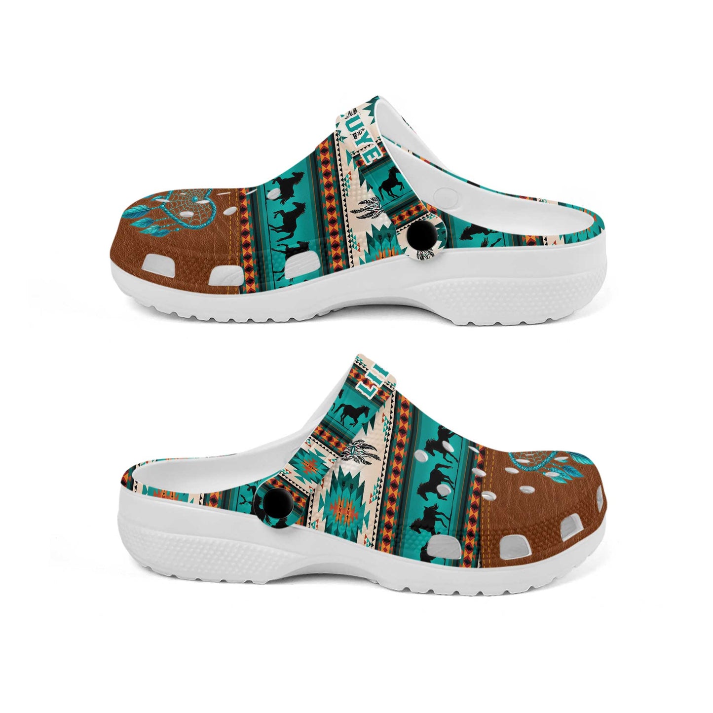 Custom Name Clogs – Tribal Green, Galloping Horses & Dreamcatcher Motif