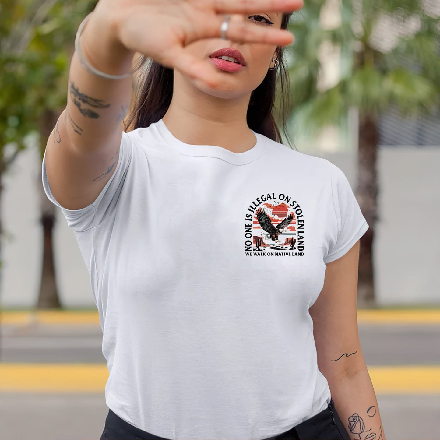 NO ONE IS ILLEGAL ON STOLEN LAND. WE WALK ON NATIVE LAND 20 - Two sides - Unisex T-Shirt/T-Shirt V-Neck/Hoodie/Sweatshirt