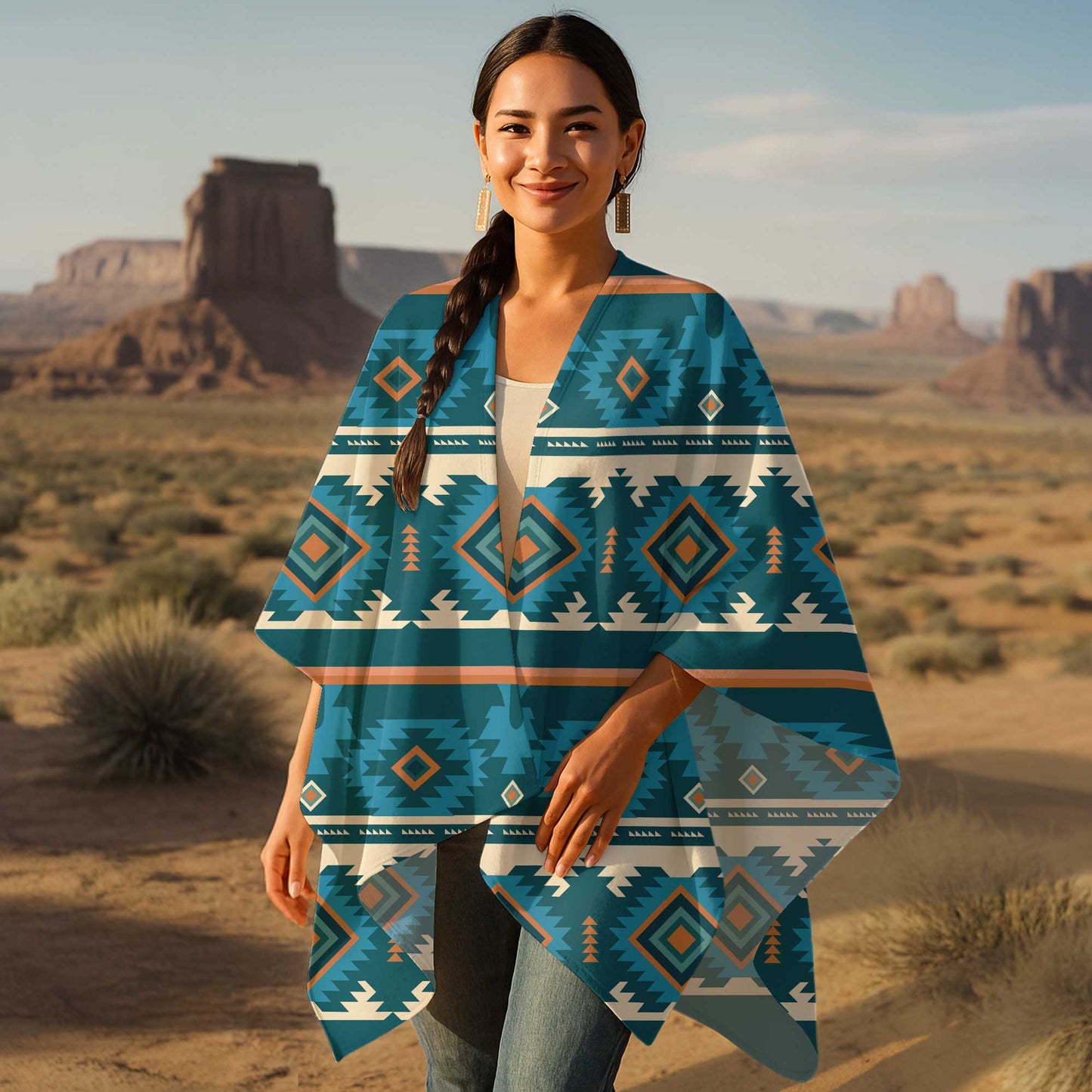 Southwest Spirit Poncho – Bold Teal Geometric Pattern with Tribal Soul