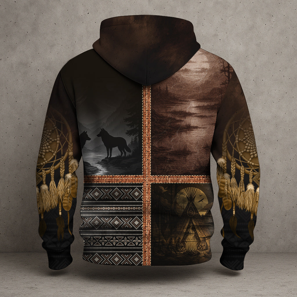 Warrior & Wolf Spirit – Tribal Heritage Hoodie (Brown & Black Pattern)
