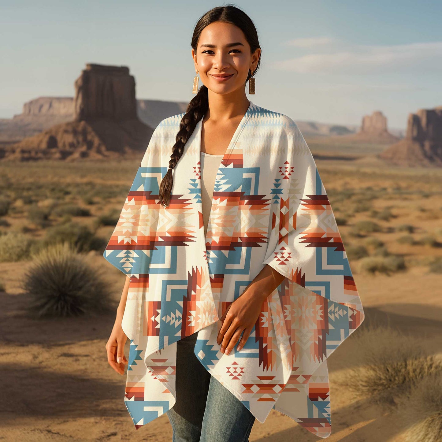 Boho Heritage Poncho – Native-Inspired Patterns in Sand, Sky & Clay