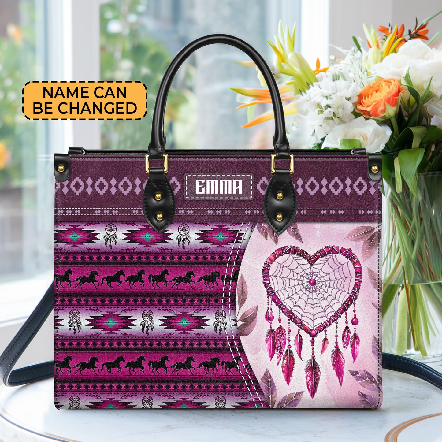 Personalized Leather Handbag for Women - Design Patterns Boho Pink Dreamcatcher