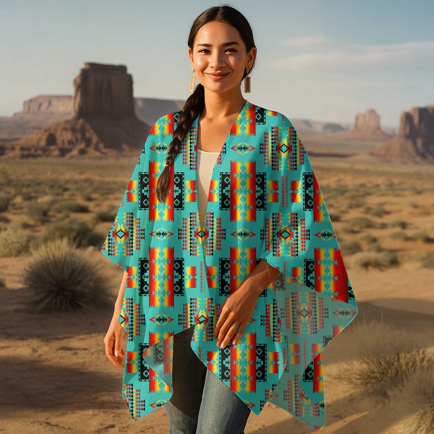 Cozy Tribal Poncho – Bold Geometric Blanket Design in Turquoise & Flame Hues