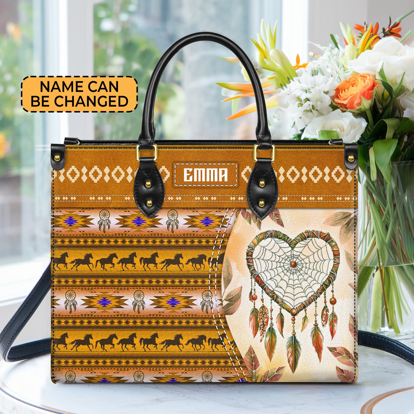 Personalized Leather Handbag for Women - Design Patterns Boho Yellow Dreamcatcher