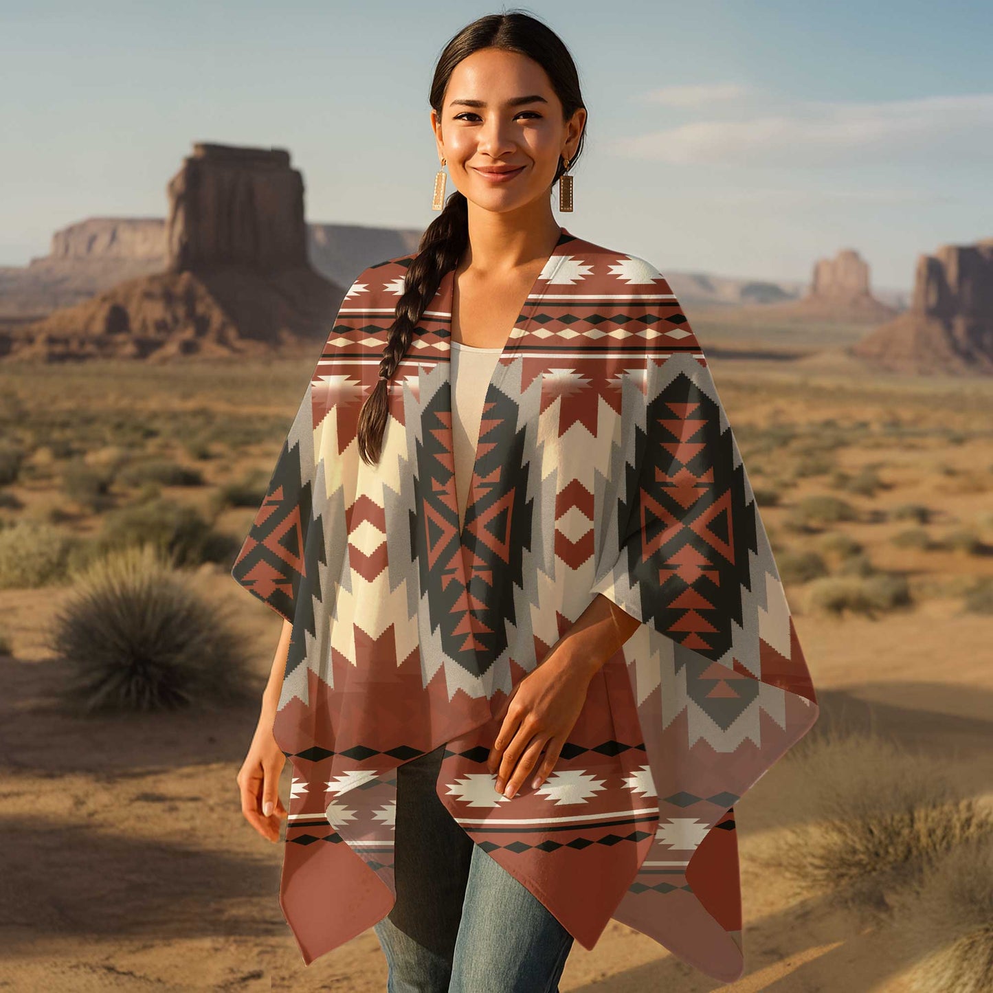 Boho Tribal Poncho with Geometric Native Pattern in Earth Tones