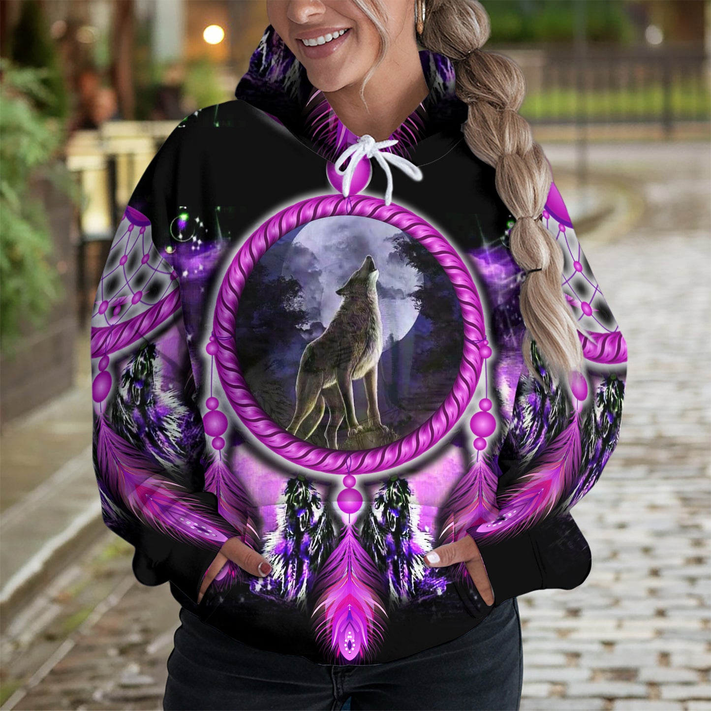 Wolf Dreamcatcher Hoodie – Purple Tribal Moon Howl Design