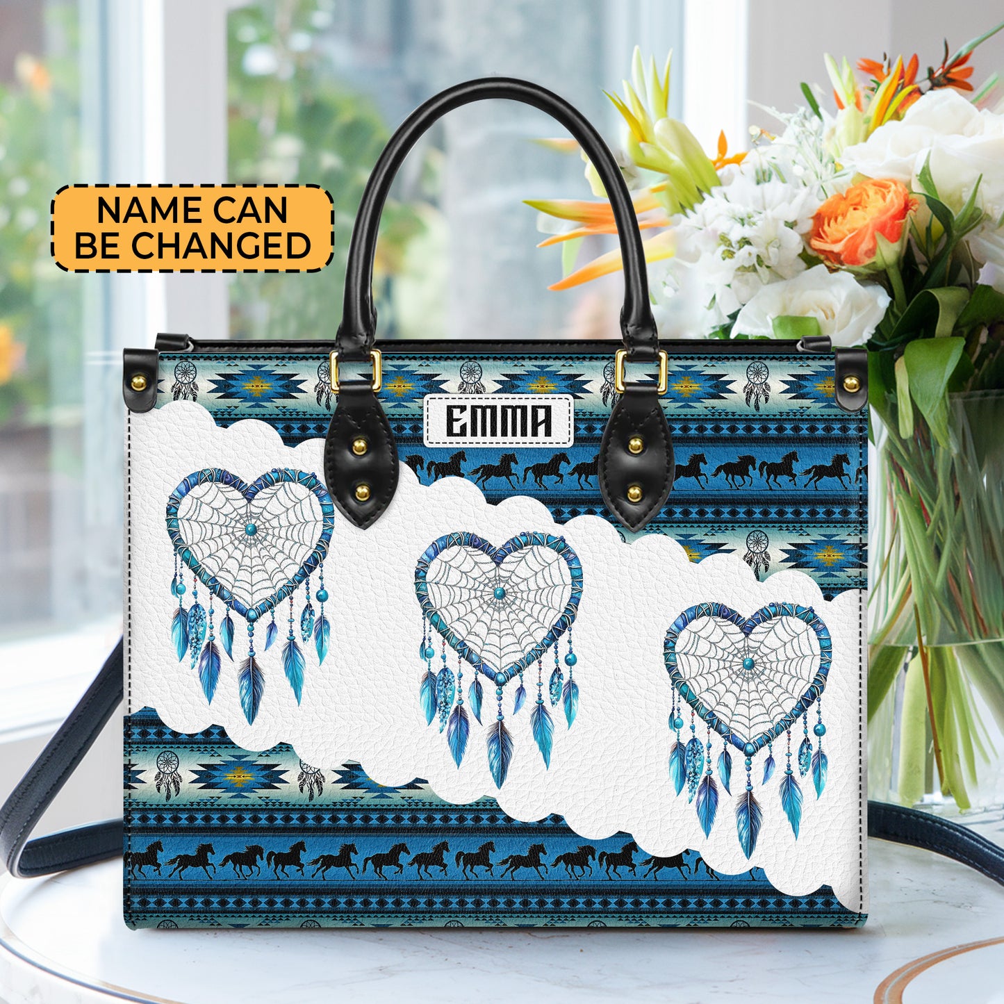 Personalized Leather Handbag for Women - Design Patterns Boho Blue & White Dreamcatcher