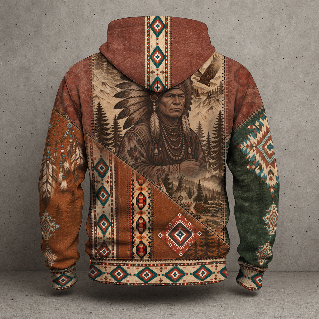 Native American Chief Tribal Patchwork Boho Hoodie