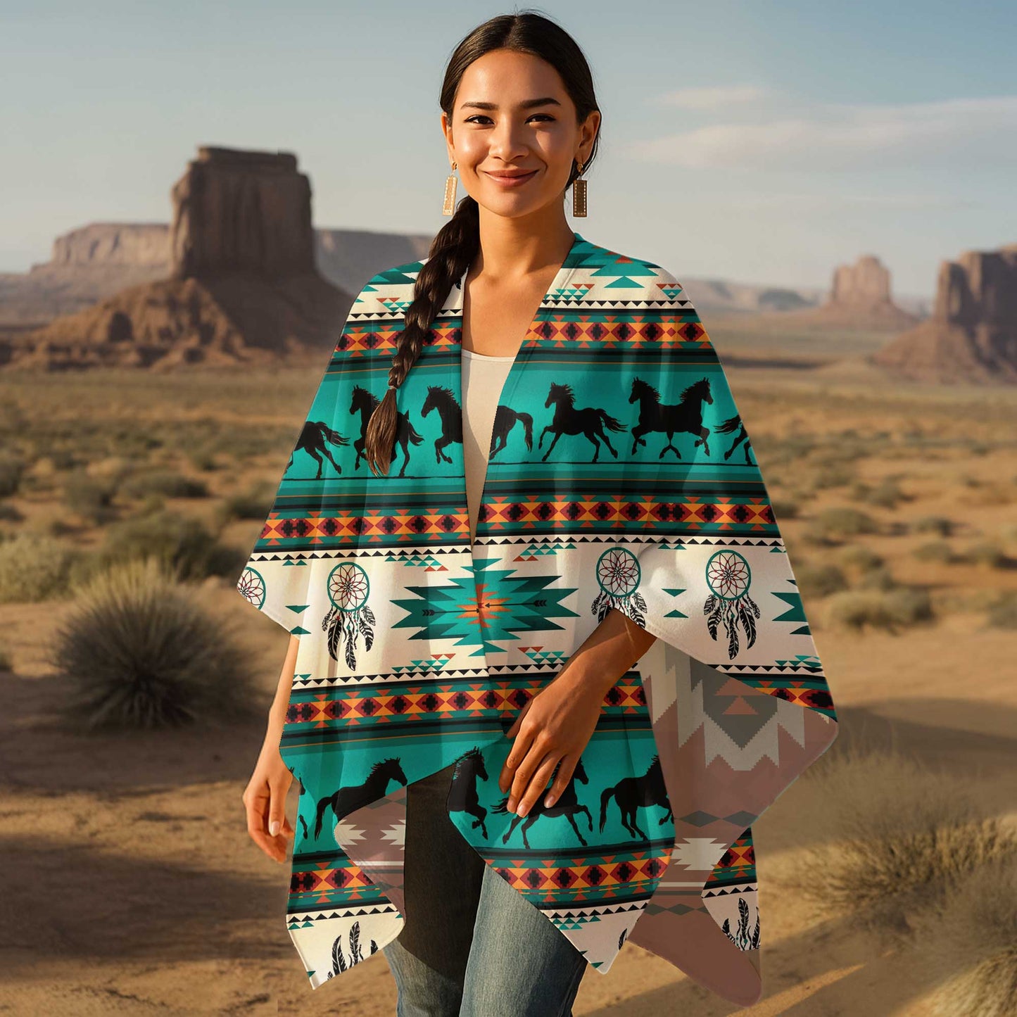Boho Poncho with Wild Horse Pattern and Native Dreamcatchers