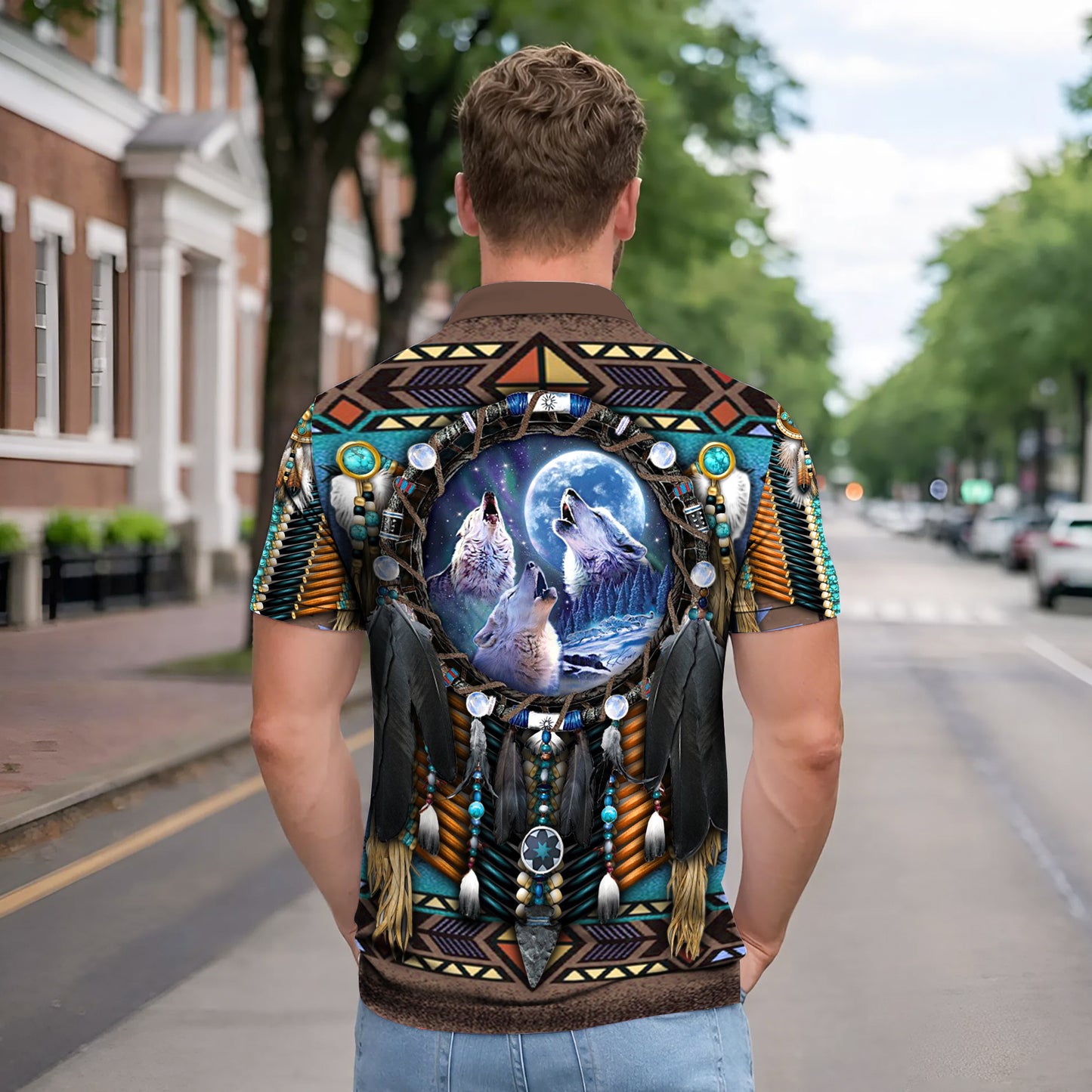 Native American Polo Shirt - Native American Wolf Moon – Tribal Dreamcatcher Spirit Design