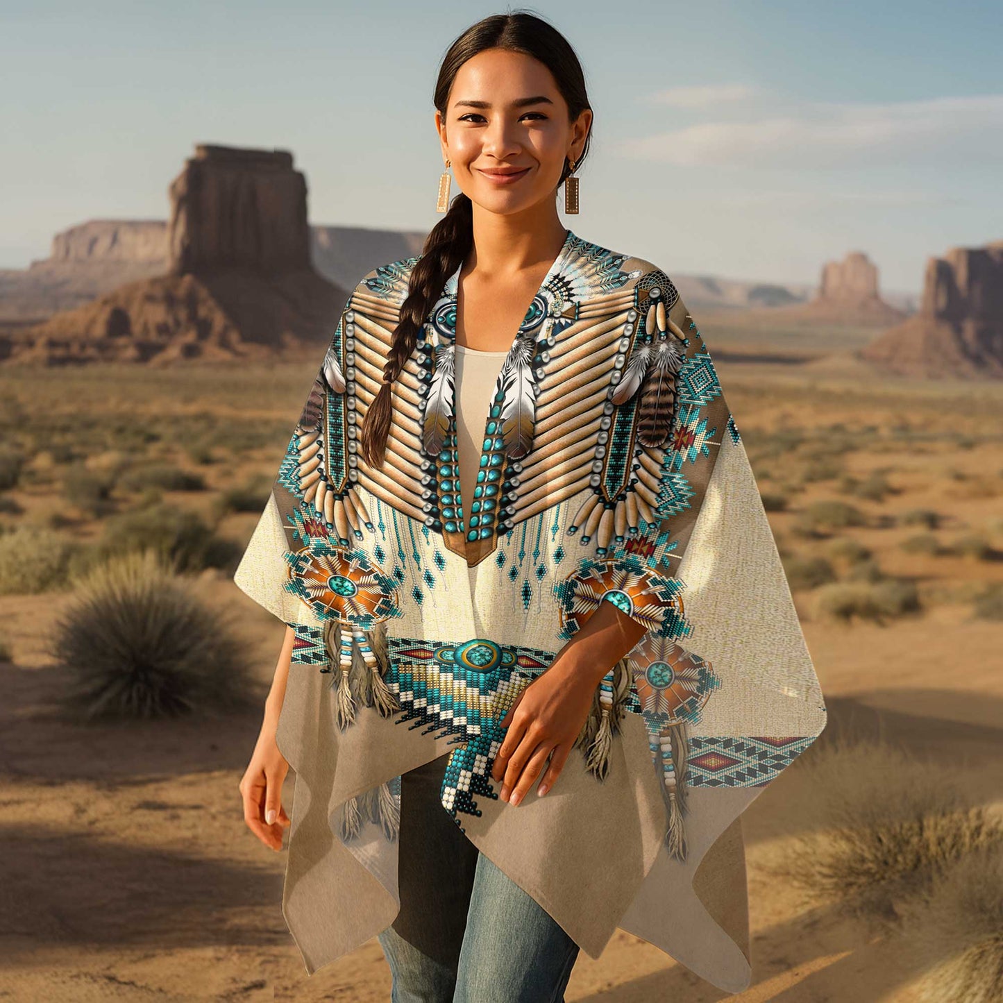 Poncho Native Shield – Ivory & Teal with Beaded Warrior Design