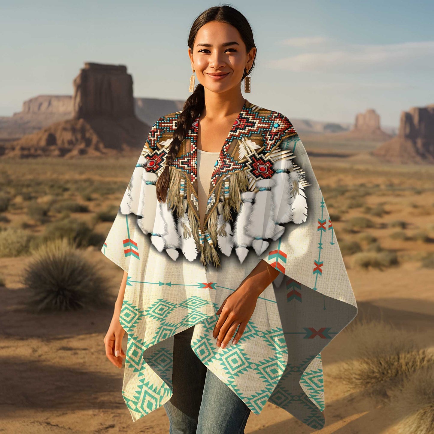 Poncho Tribal Crest Design – Ivory, Red & Teal with Ancestral Symmetry