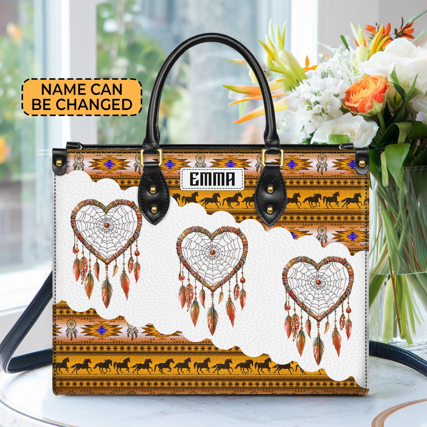 Personalized Leather Handbag for Women - Design Patterns Boho Yellow & White Dreamcatcher