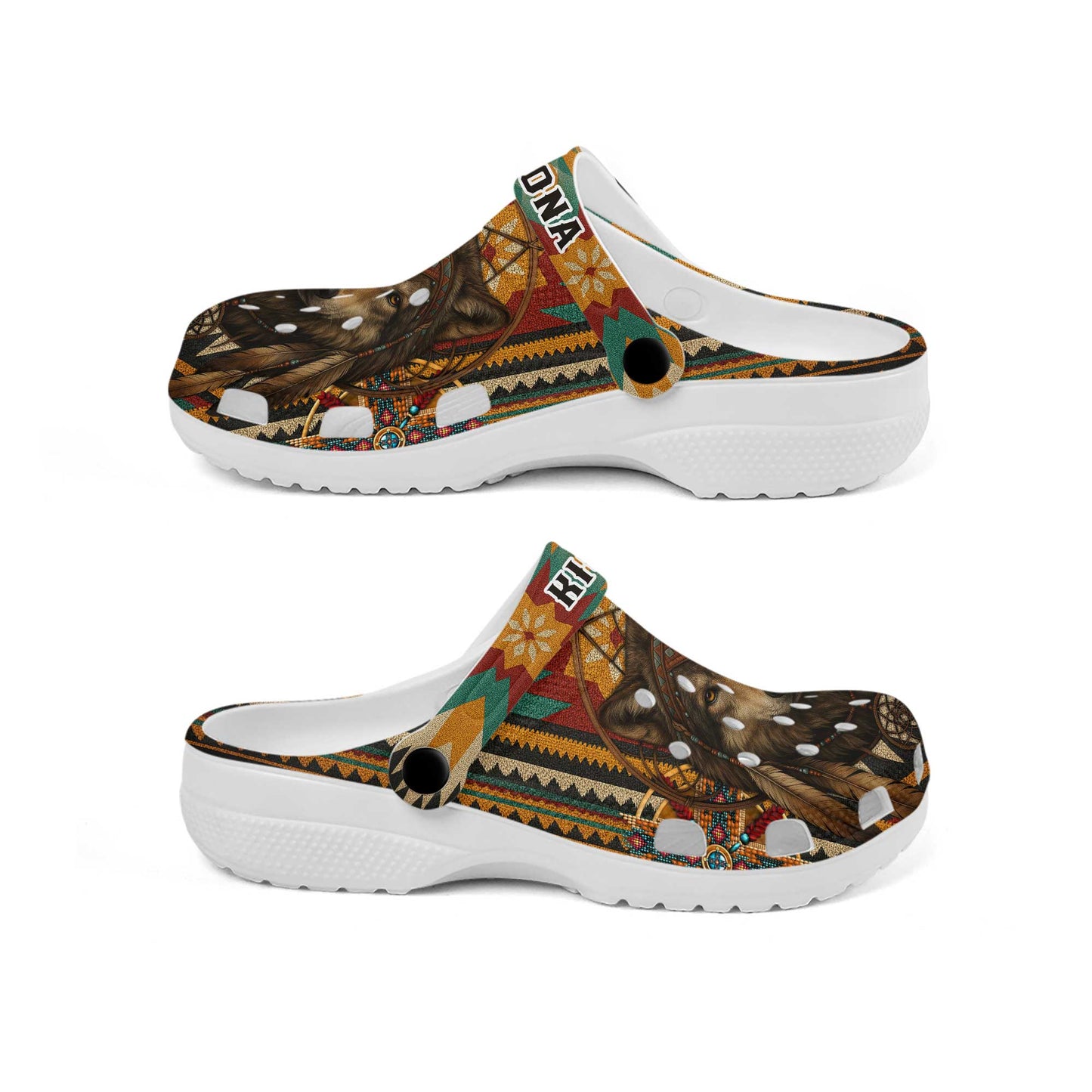 Custom Wolf Dreamcatcher Clogs - Boho Tribal Clogs for Animal Lovers