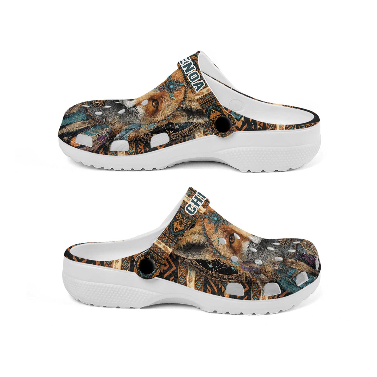 Custom Name Native Fox Spirit Clogs – Tribal Pattern, Feather Design & Family Gift