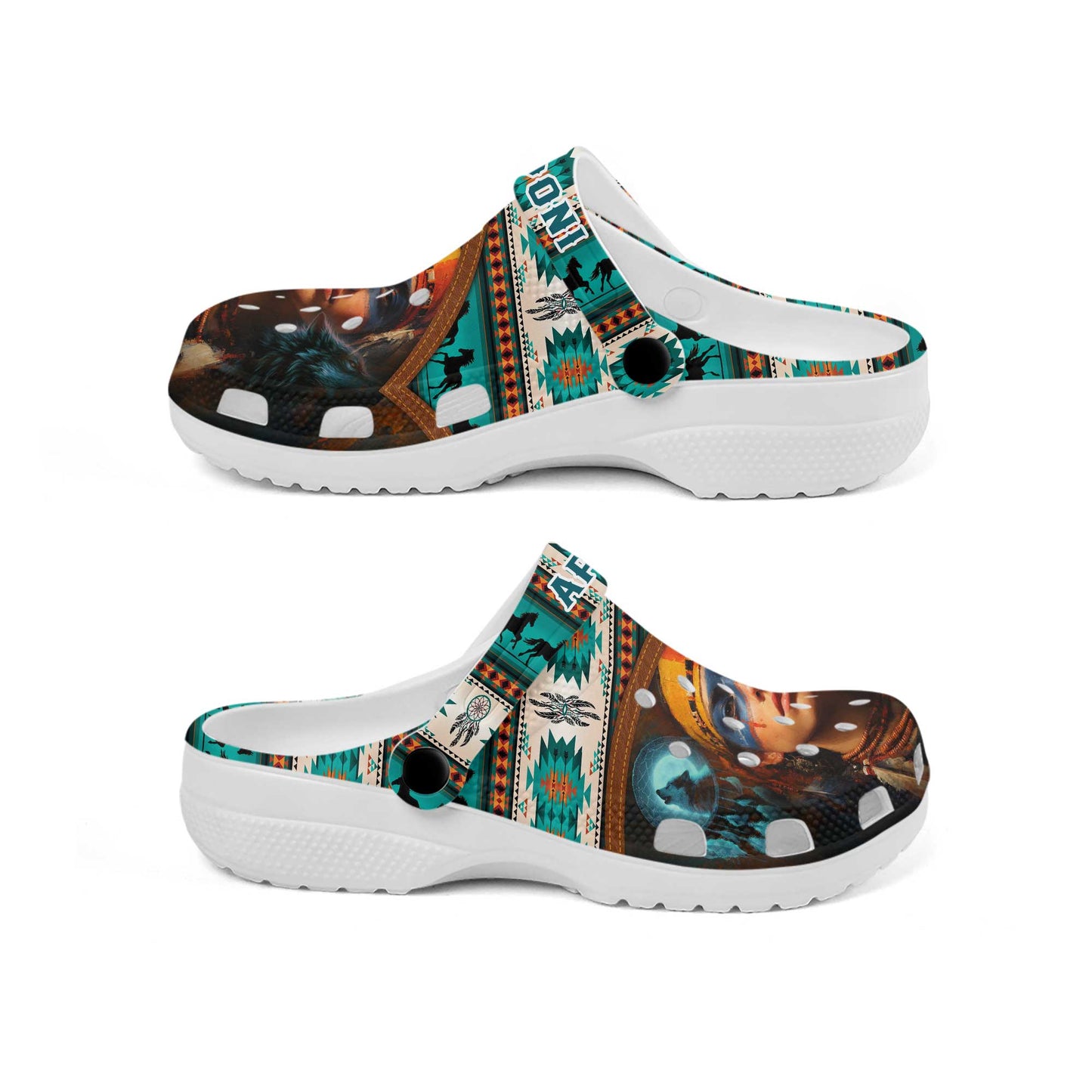 Custom Name Boho Clogs – Beautiful Native Girl, Wolf Symbol & Meaningful Gift for Family