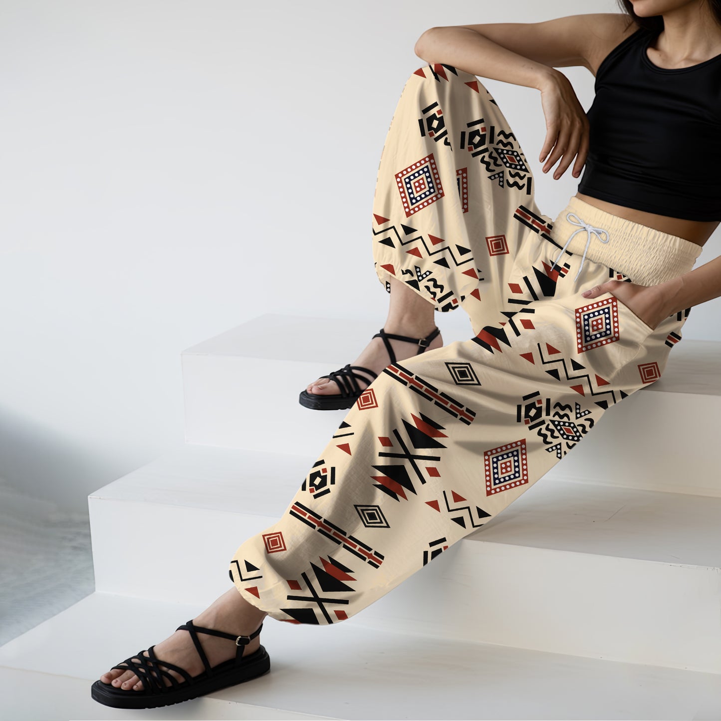 Boho Harem Pants – Beige with Tribal Aztec Print