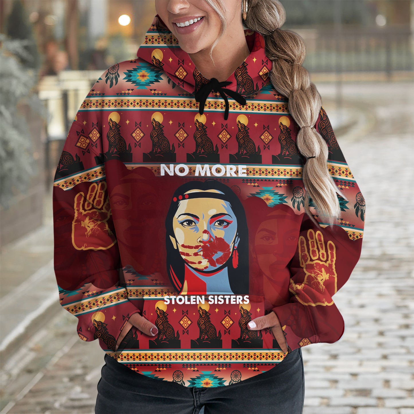 Tribal Feather Hoodie – Bold Red & Geometric Patterns & MMIW