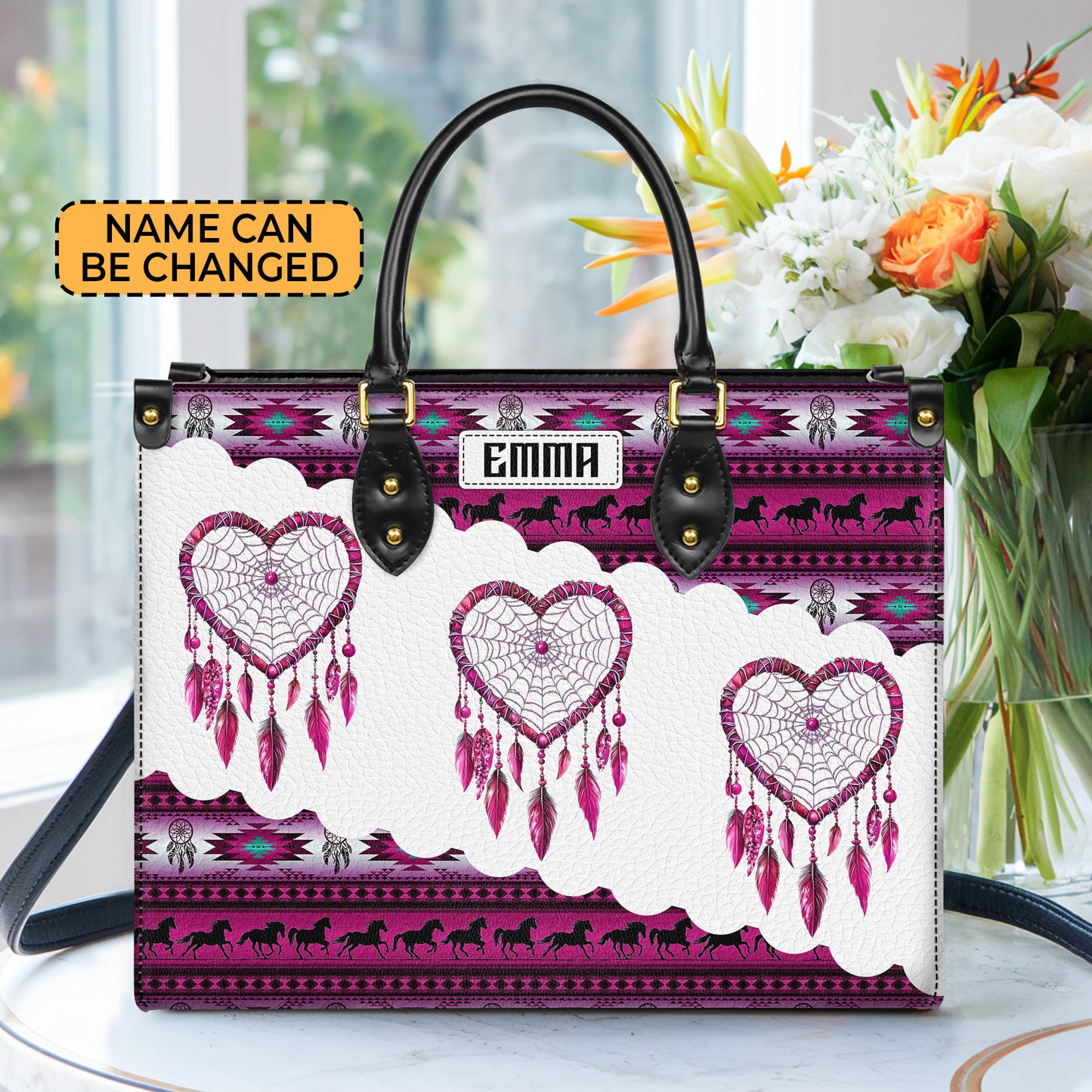 Personalized Leather Handbag for Women - Design Patterns Boho Pink & White Dreamcatcher