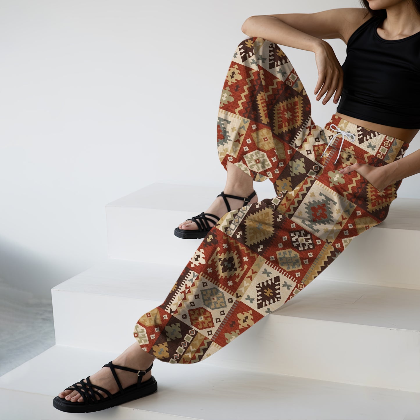 Boho Harem Pants – Beige with Tribal Aztec Print 01