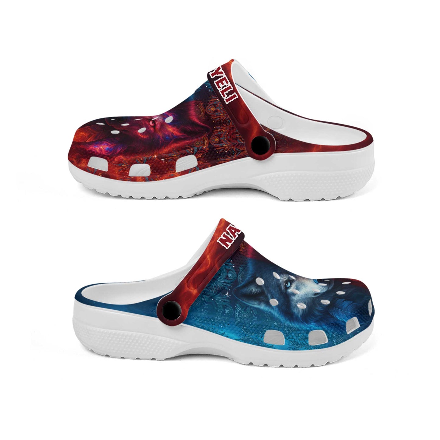 Custom Name Wolf Spirit Clogs – Fire & Ice Contrast | Tribal Design & Gift for Family