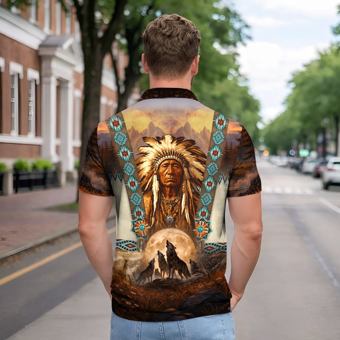 Native American Polo Shirt - Native American Chief & Wolf Spirit – Tribal Dreamcatcher Native Pride Pullover
