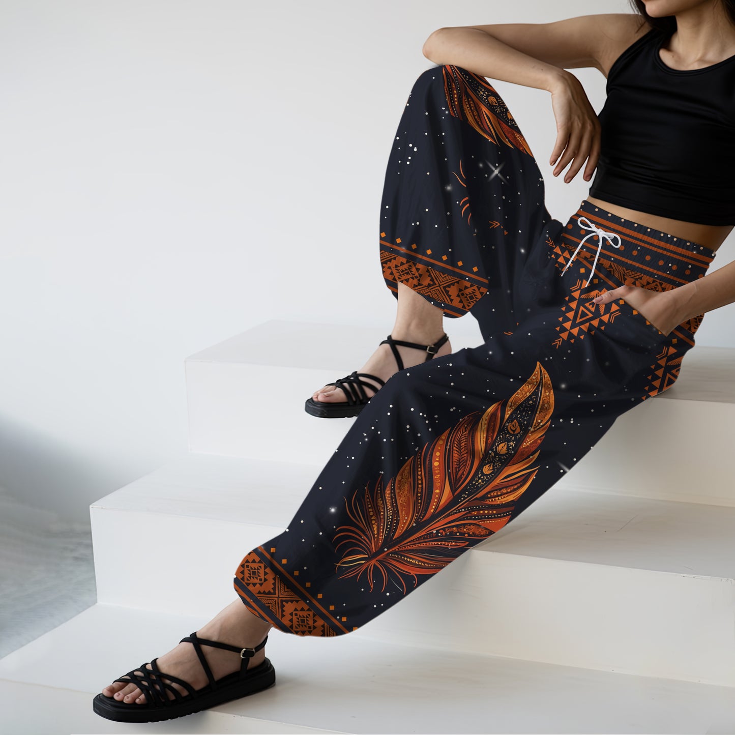 Feather Print Harem Pants - Yoga Boho Clothes with Pockets