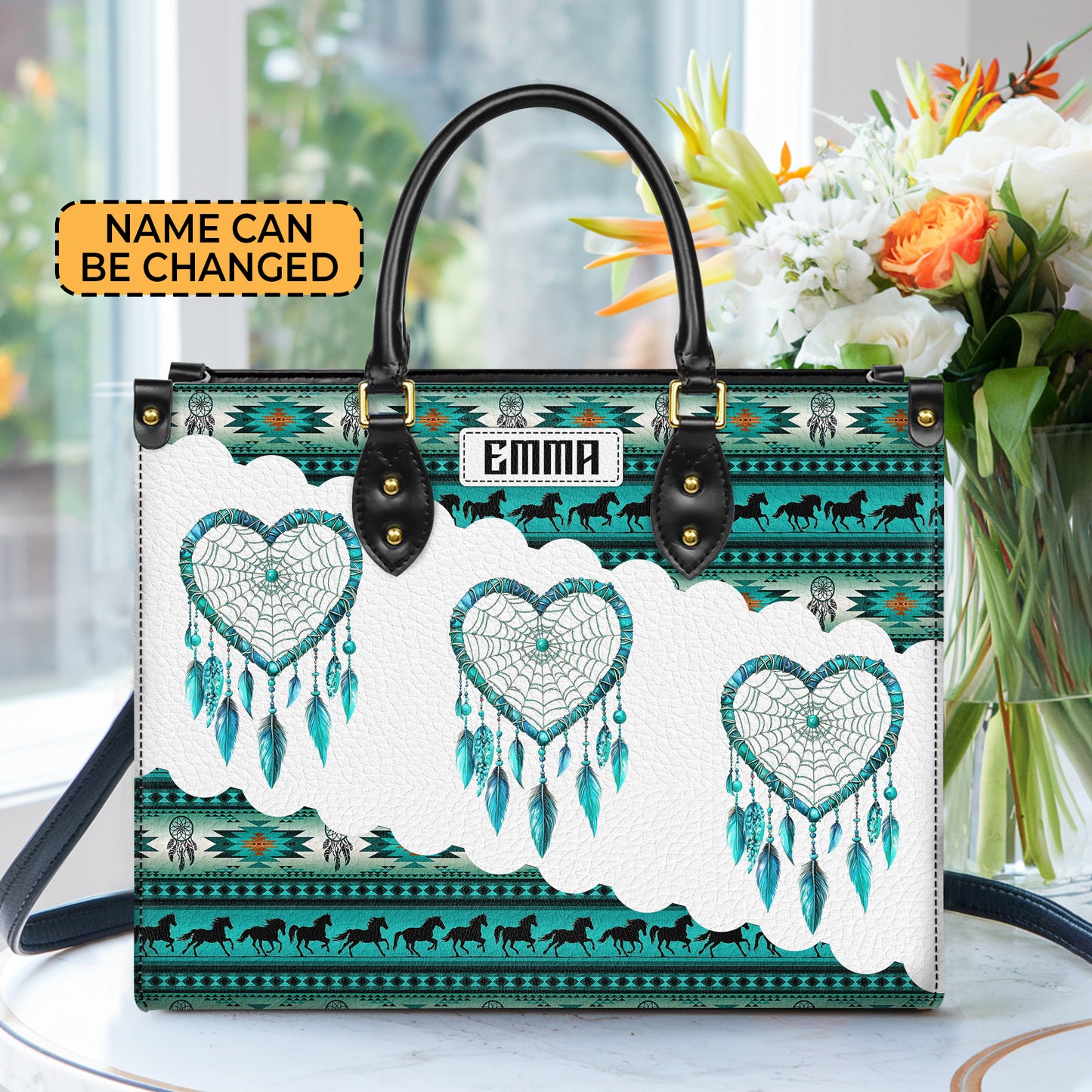Personalized Leather Handbag for Women - Design Patterns Boho Teal & White Dreamcatcher