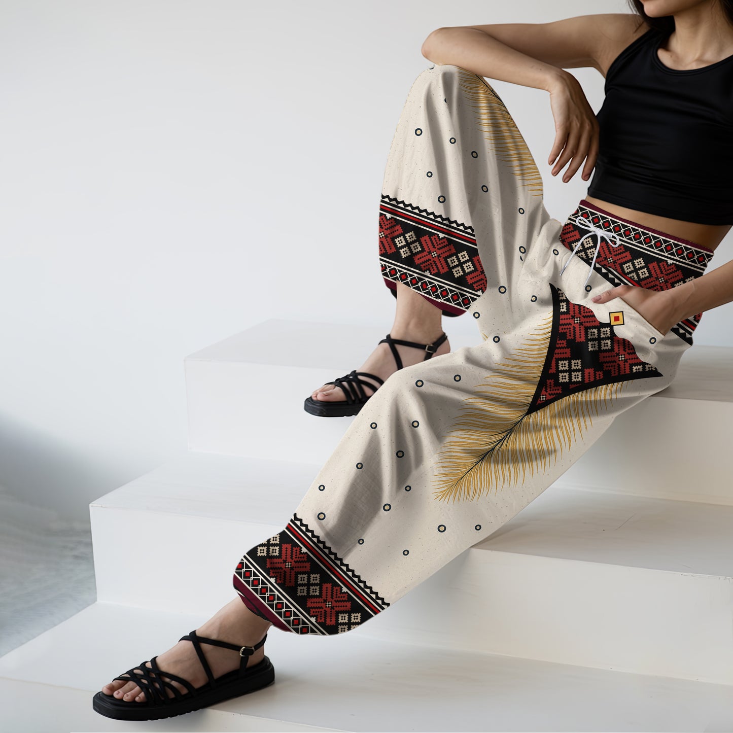 Boho Harem Pants – Red Tribal & Feather Print