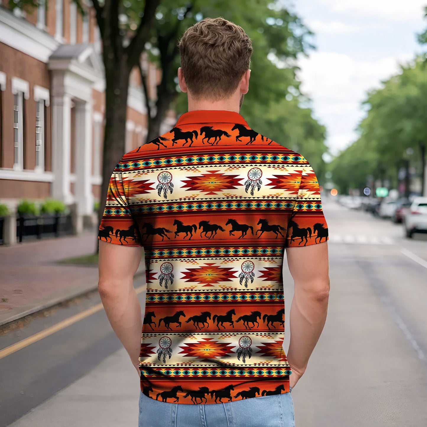 Native American Spirit Polo Shirt – Horse Silhouette Tribal Pattern Southwestern Style