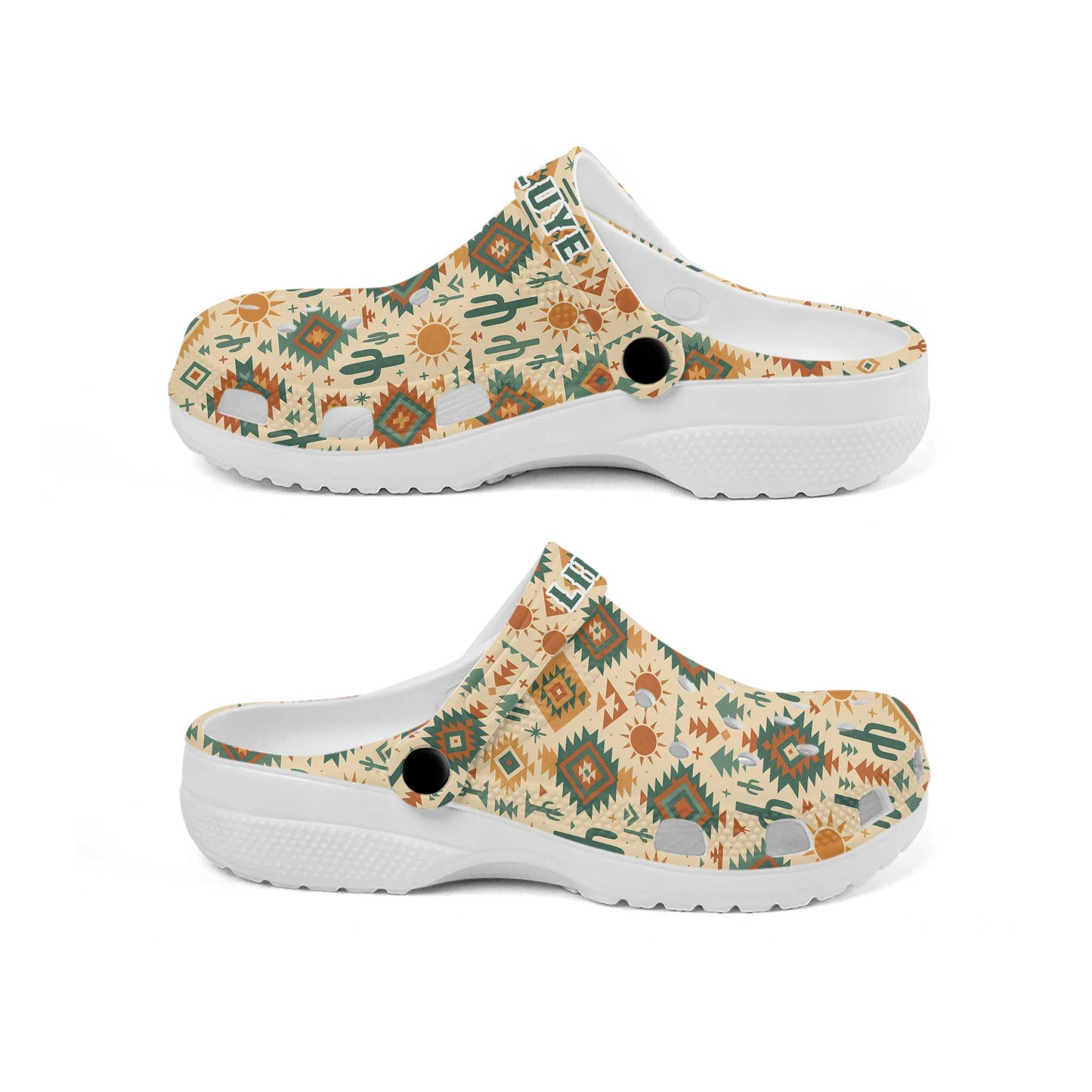 Custom Name Desert Cactus Spirit Clogs – Tribal Geometry & Boho Sun Design