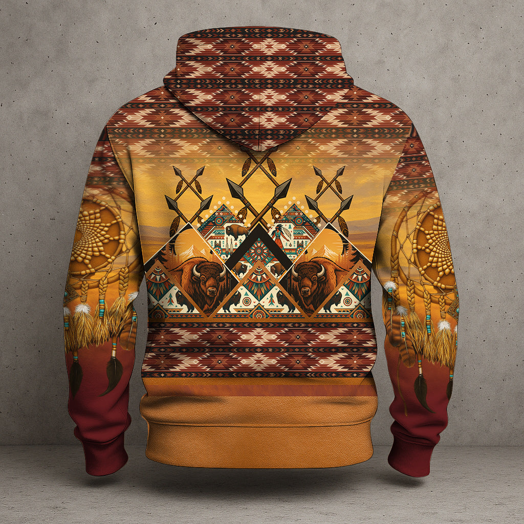 Buffalo Strength – Native Pattern Hoodie with Dreamcatcher & Warrior Symbols”