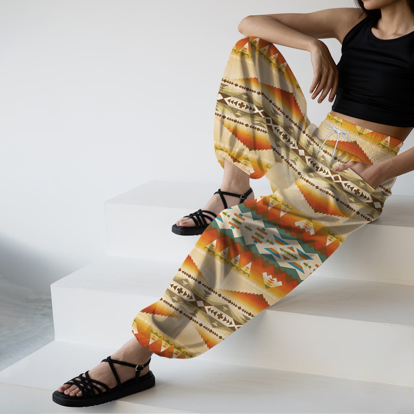Boho Harem Pants – Beige with Tribal Aztec Print