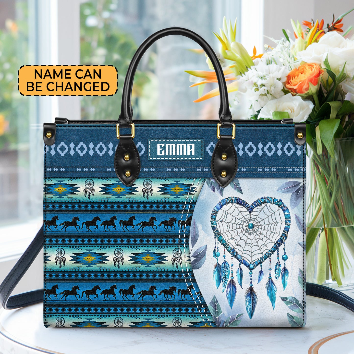 Personalized Leather Handbag for Women - Design Patterns Boho Blue Dreamcatcher