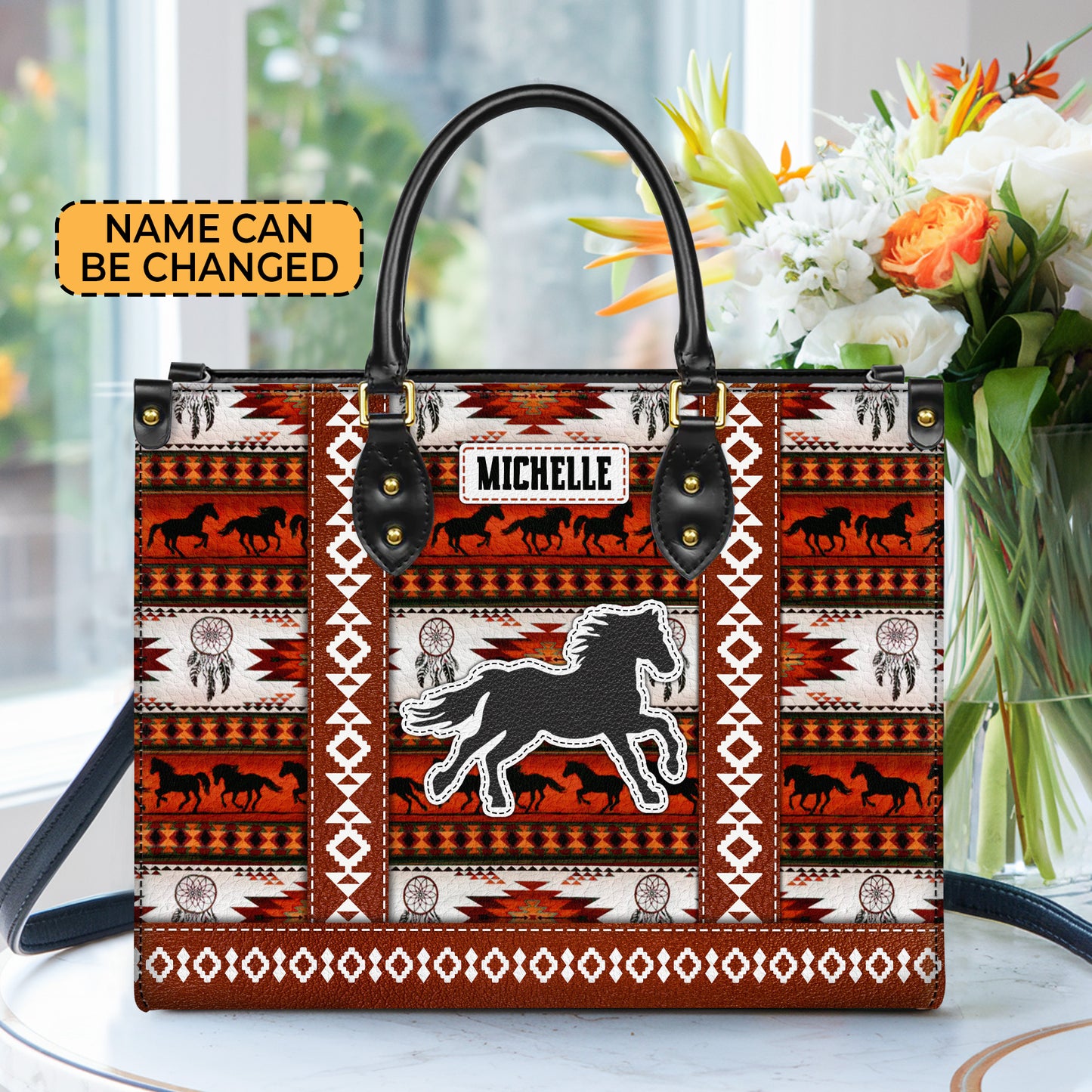 Personalized Leather Handbag for Women - Design Patterns Boho Rustic Orange & White Spirit Horse