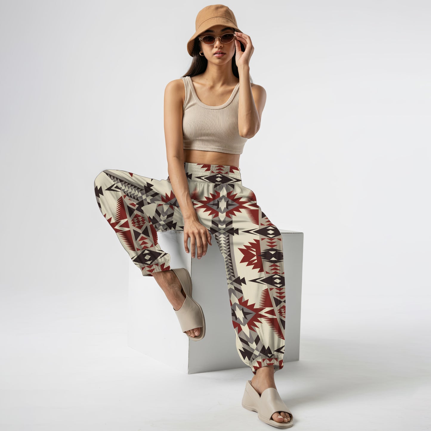 Boho Harem Pants – Red Geometric Tribal Pattern