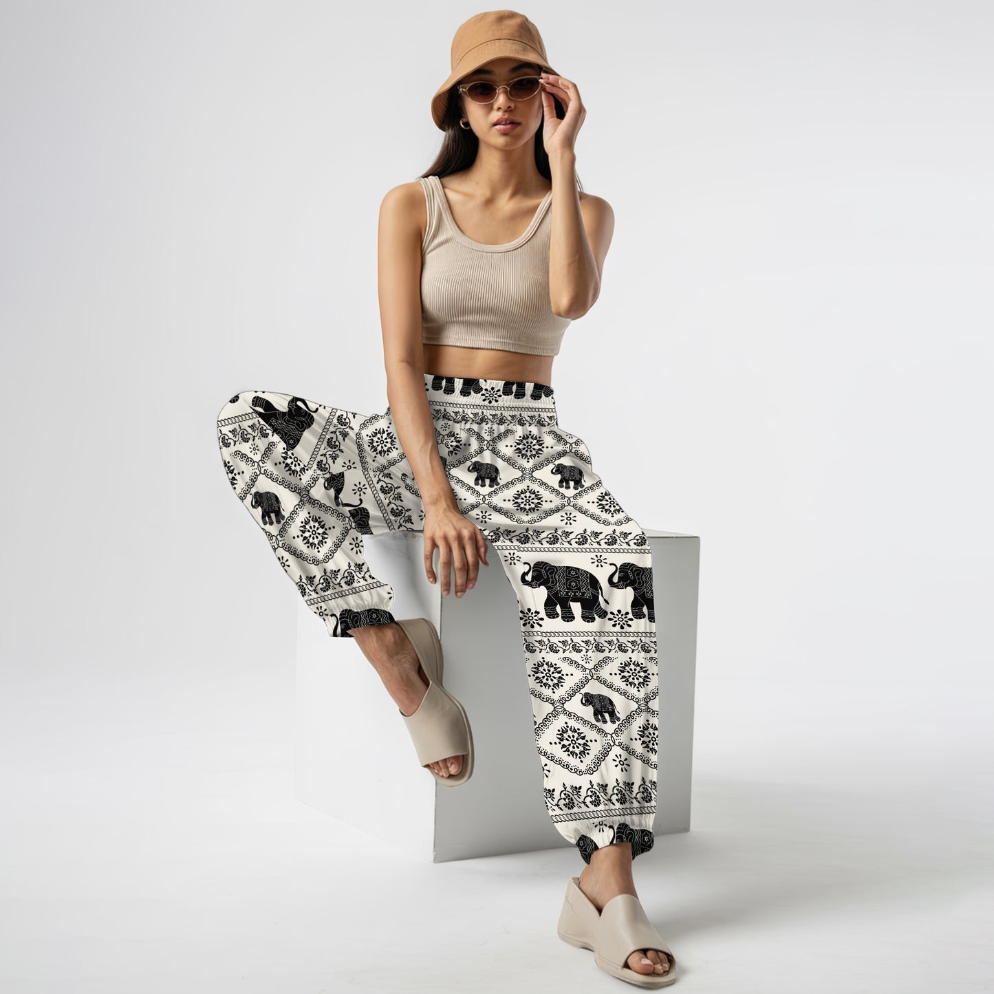 Black Elephant Print Harem Pants – Boho Yoga Pants with Pockets 05