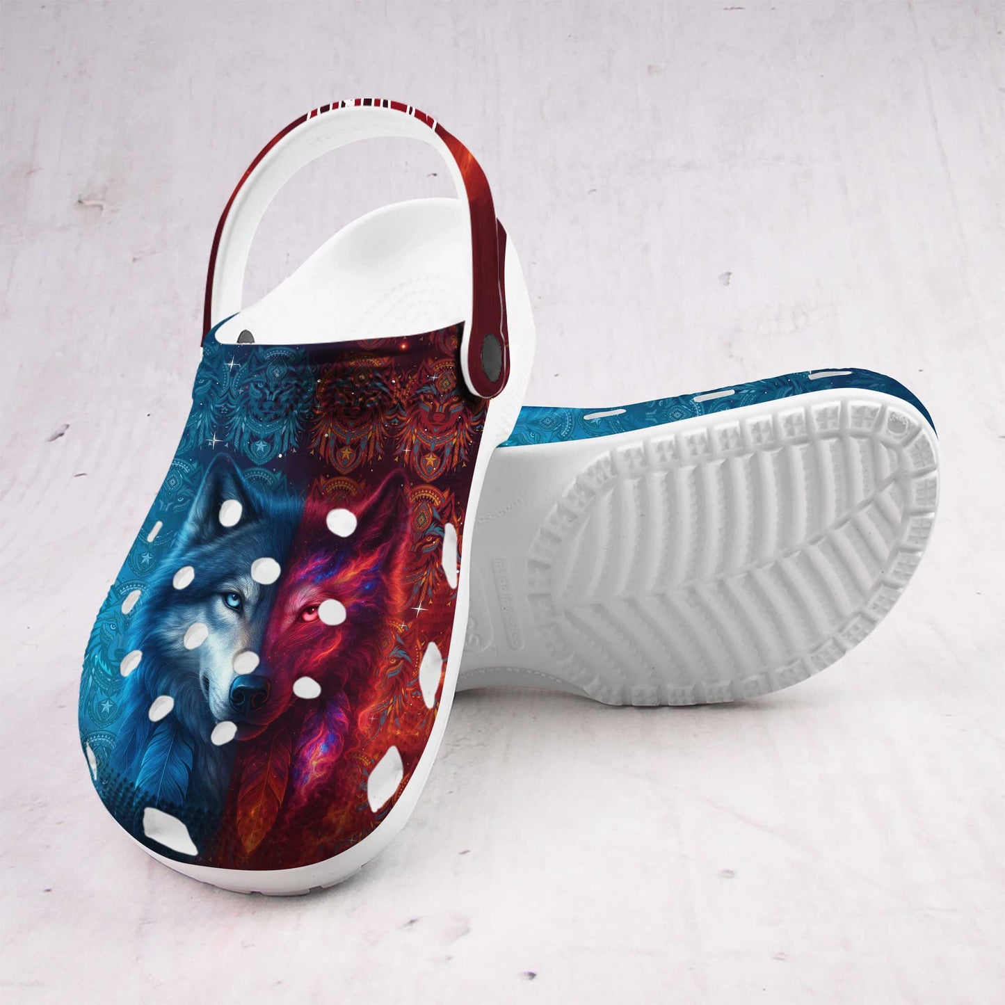 Custom Name Wolf Spirit Clogs – Fire & Ice Contrast | Tribal Design & Gift for Family